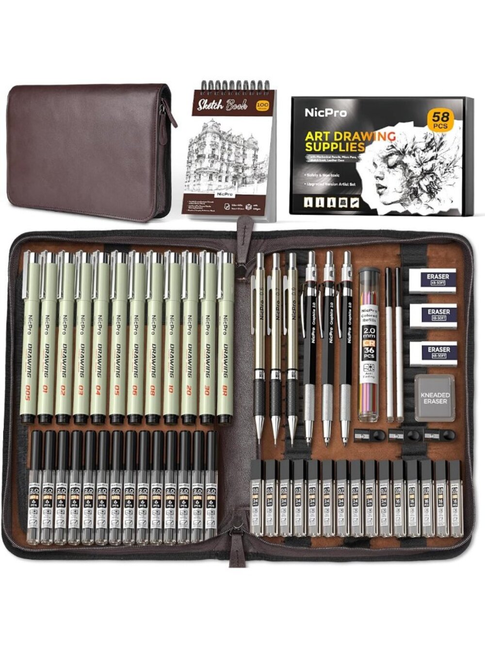 58PCS Art Drawing Supplies Kit with Leather Case - Perfect for Adults & Artists